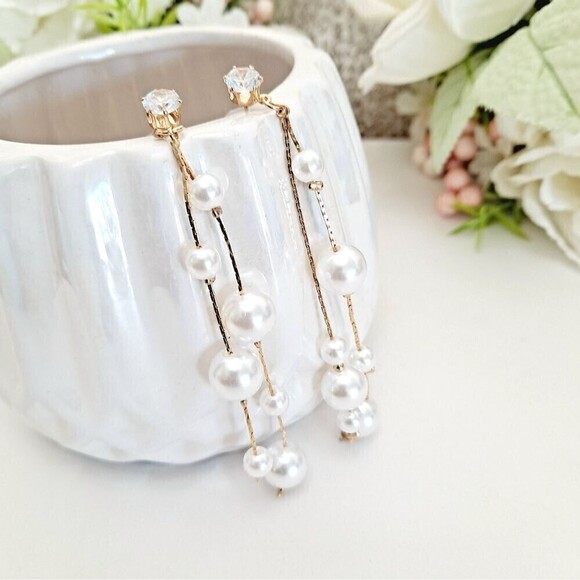 Gold Pearl Long Tassel Drop Dangle Earrings Wedding, Bridal, Statement 💖2/$30 - Picture 7 of 12